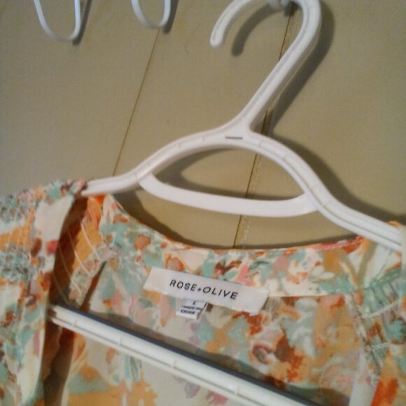 Rose & Olive Blouse Women L Short Sleeve Button Up Feminine Floral Orange Green - Picture 9 of 13